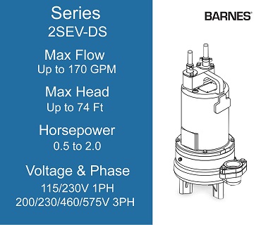 Barnes Sewage Ejectors, 2SEV-DS Series, 0.5 to 2.0 Horsepower, 115/230 Volts 1 Phase, 200/230/460/575 Volts 3 Phase